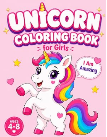 Unicorn Coloring Book cover for girls ages 4 to 8 with a cute unicorn and magical details