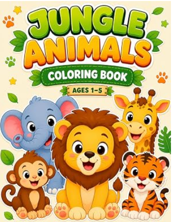 Jungle Animals Coloring Book cover with cute smiling animals for toddlers and preschoolers