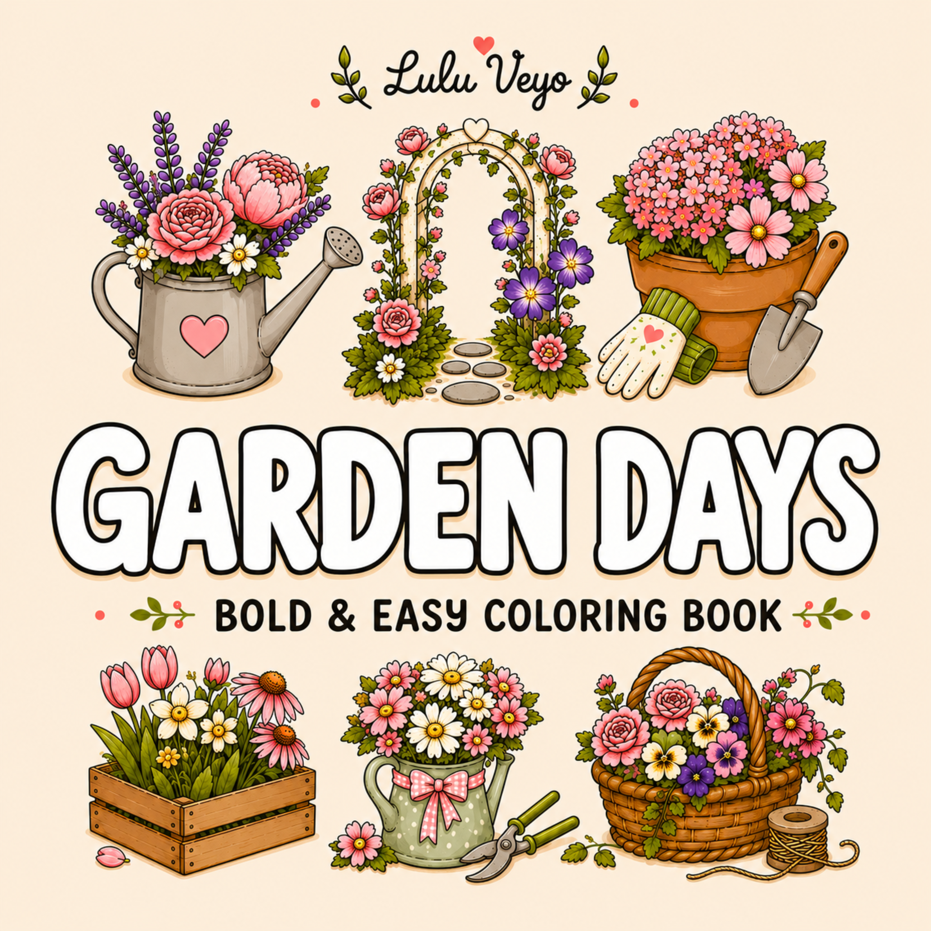 Garden Days flower coloring book cover with a white garden gate, hydrangeas, peonies and foxgloves