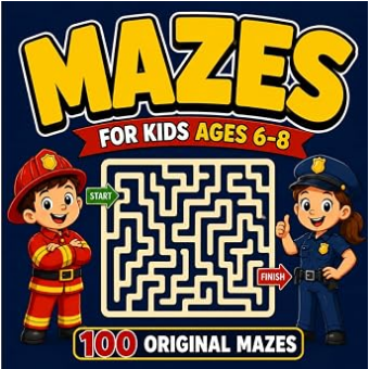Mazes for Kids Ages 6 to 8 puzzle book cover with a colorful maze adventure