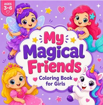 My Magical Friends coloring book cover with a fairy, princess, unicorn and mermaid