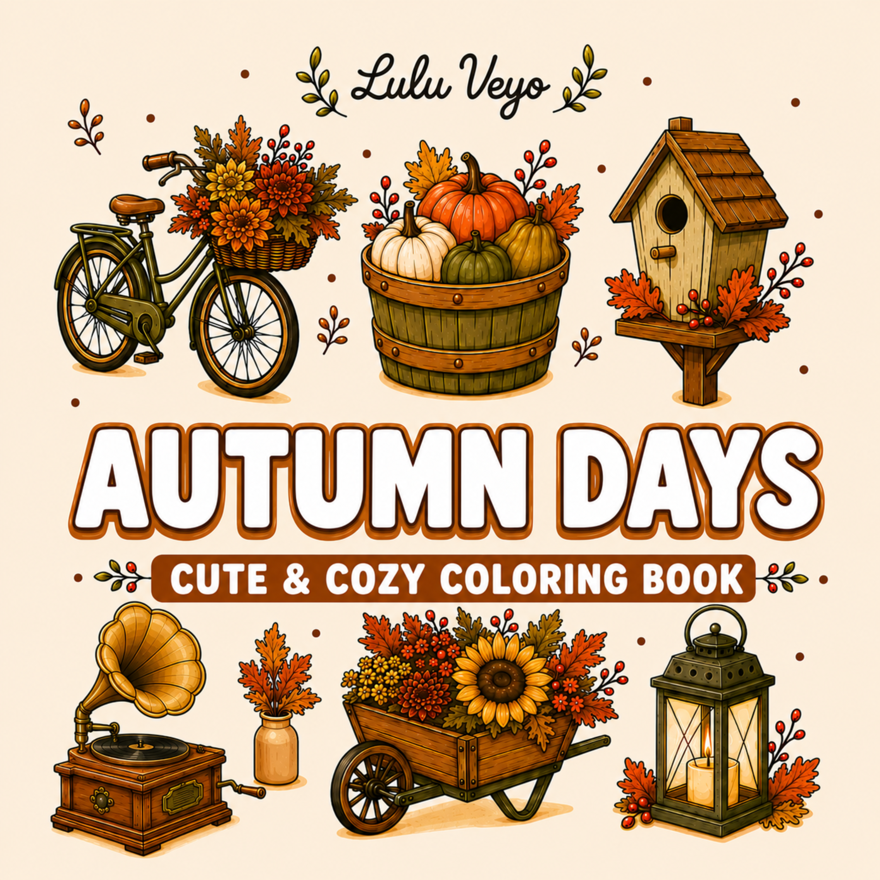 Autumn Days coloring book cover by Lulu Veyo with warm fall colors and cozy seasonal illustrations