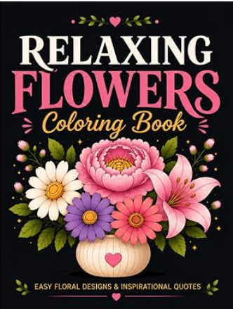 Relaxing Flowers coloring book cover with beautiful floral artwork and an inspirational theme