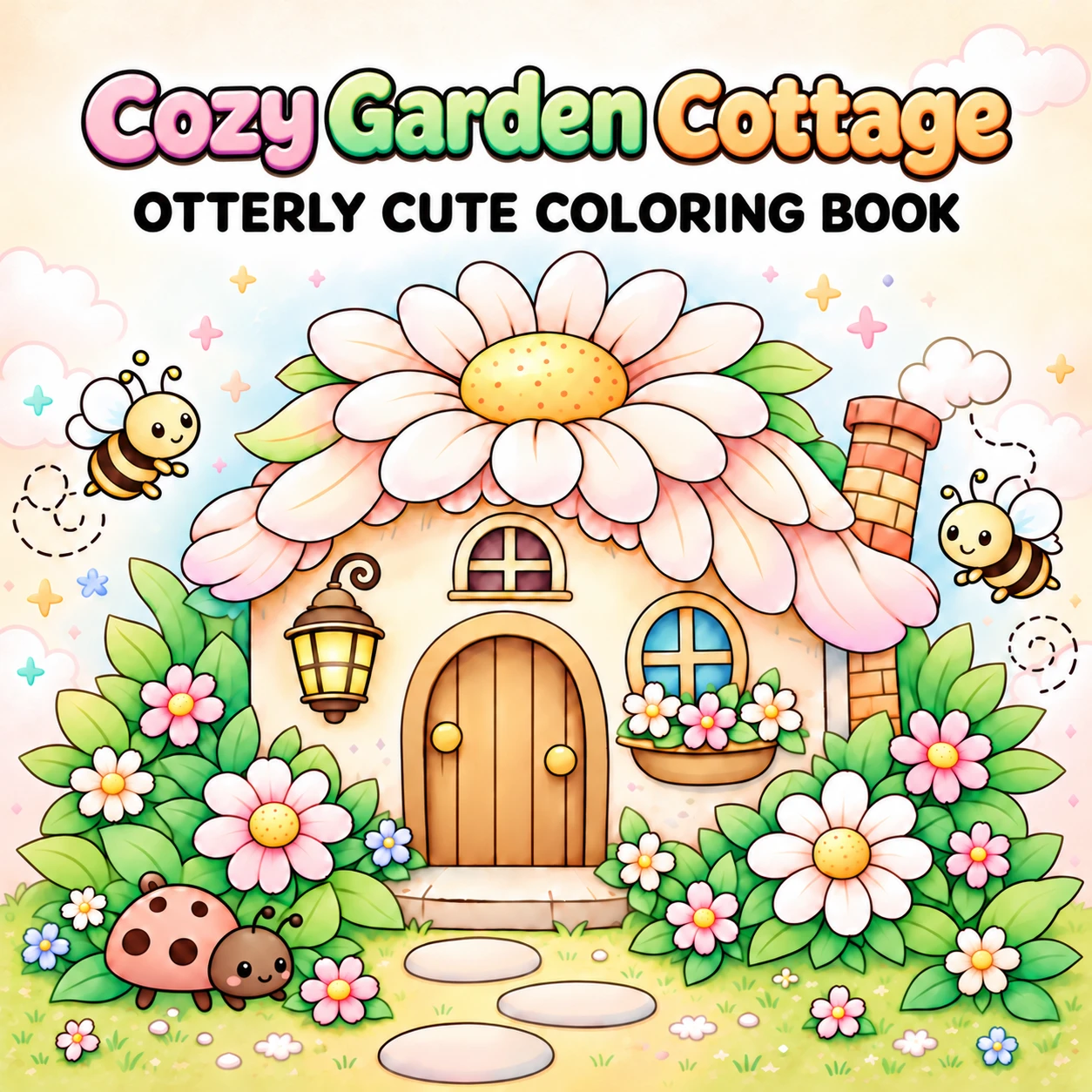 Cozy Garden Cottage coloring book cover showing a flower-roof cottage, garden path, blossoms, bees and a ladybug