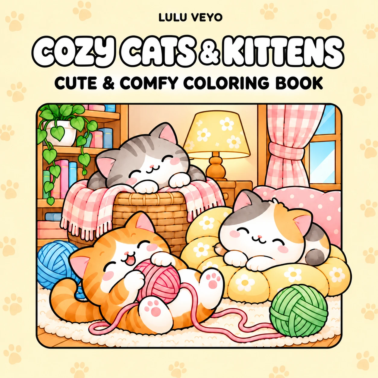 Cozy Cats & Kittens coloring book cover by Lulu Veyo with cute cats and kittens in a colorful cozy setting