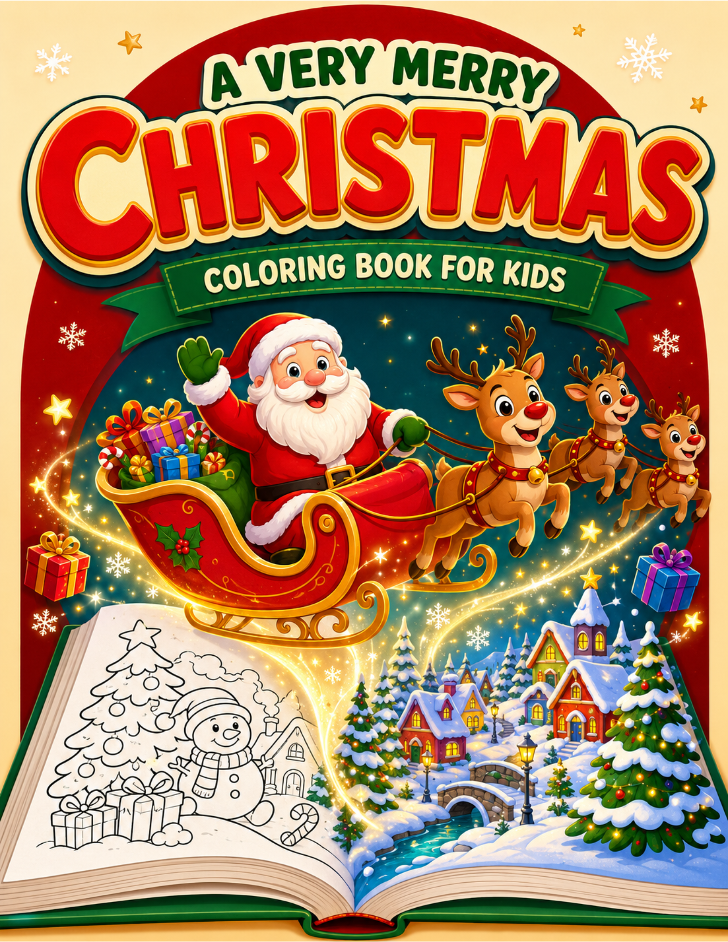 A Very Merry Christmas coloring book cover showing Santa on a cheerful holiday journey
