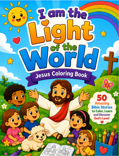 I Am the Light of the World Jesus coloring book cover with Jesus, an open Bible and golden light