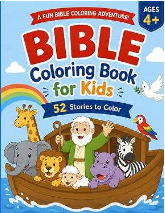 Bible coloring book for kids cover featuring cheerful Christian story illustrations
